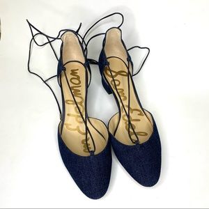 Sam Edelman Low Block Heel Pump ‘Loretta’ Sz 7.5 Blue Denim Leg Wrap Laces Chic